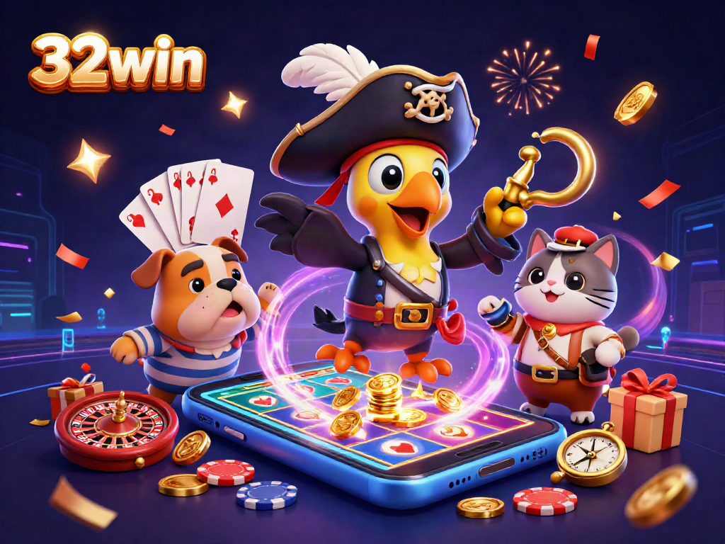 32win players spin the reels with excitement amidst vibrant casino elements and dynamic characters.