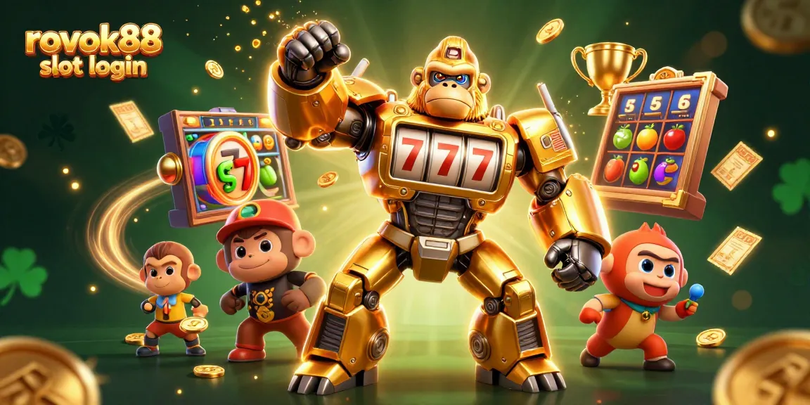 Engage with the exciting rokok88 slot login experience featuring a dynamic golden gorilla mech and vibrant slot elements.