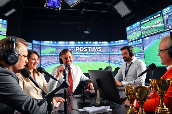 Dynamic sports broadcasting studio with engaging commentators and high-tech equipment.