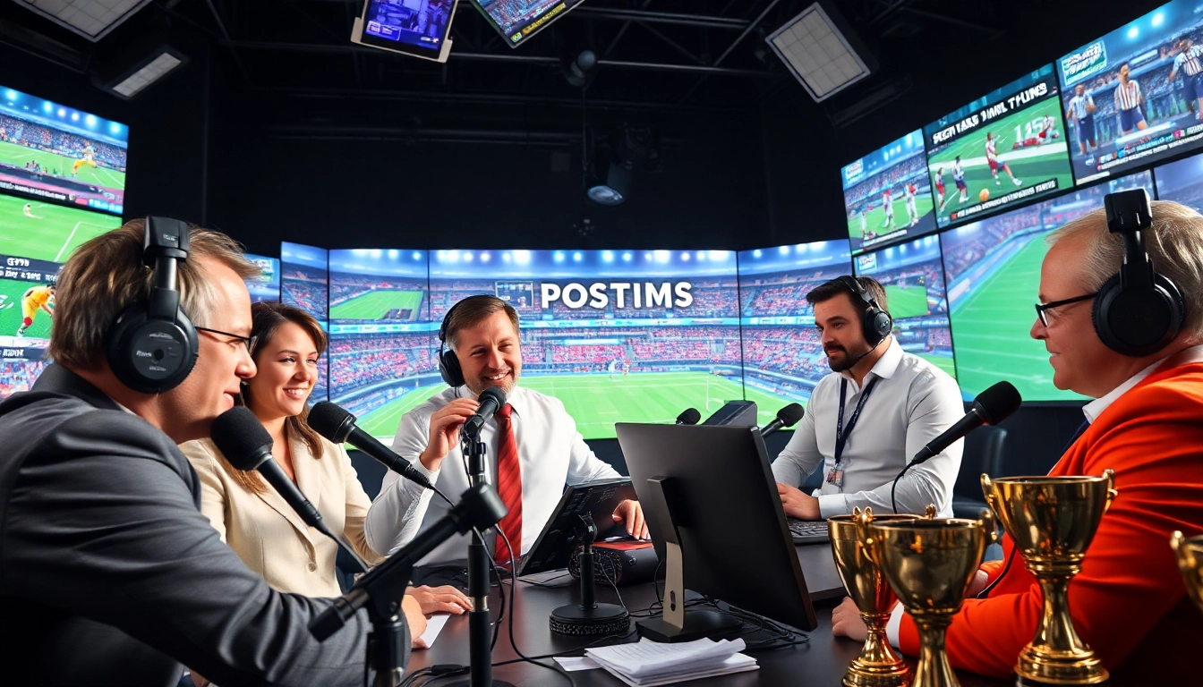 Dynamic sports broadcasting studio with engaging commentators and high-tech equipment.