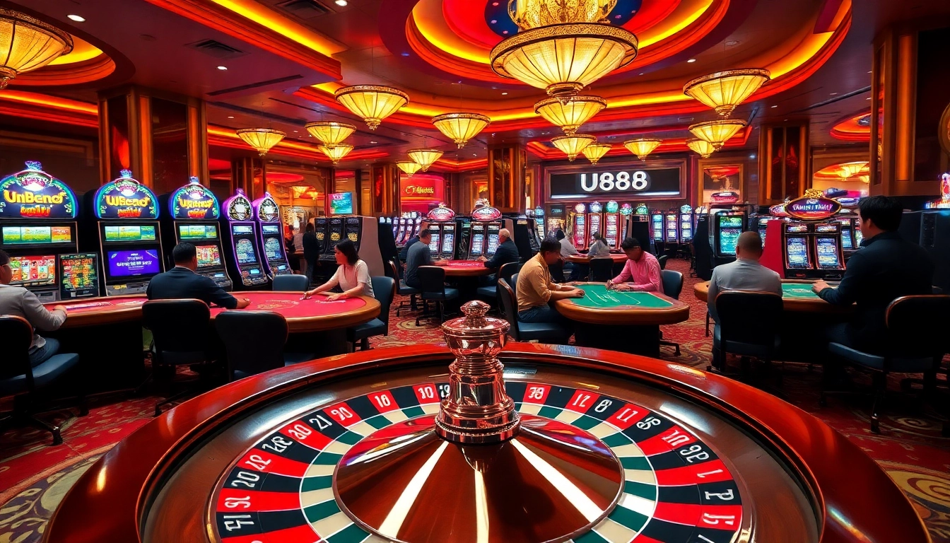 Experience the excitement of U8888 with players enjoying poker and blackjack in a luxurious casino environment.