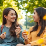 Two teens experiencing a crush on each other in a sunlit park.