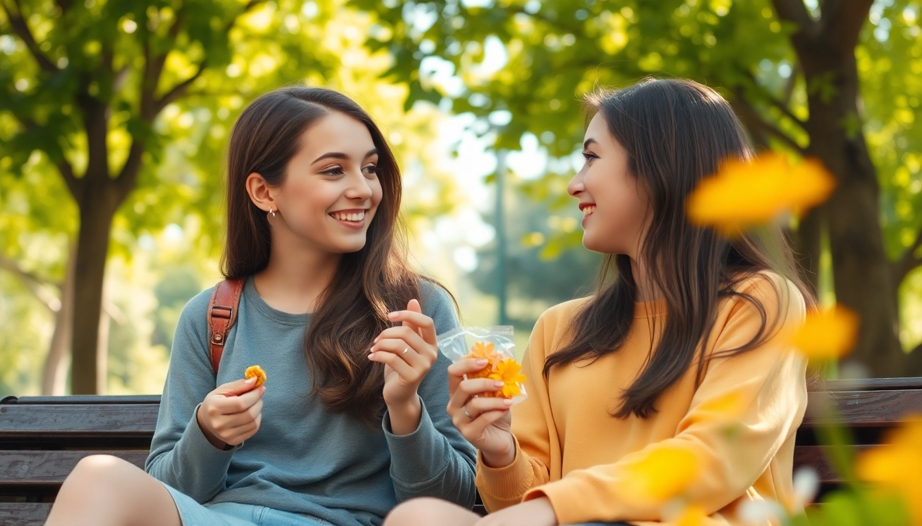 Two teens experiencing a crush on each other in a sunlit park.