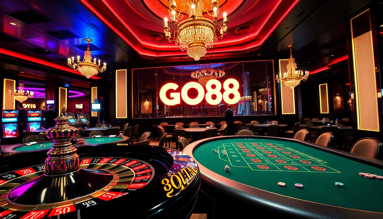 Experience the excitement of gambling at GO88 with a vibrant casino scene featuring roulette and blackjack tables.