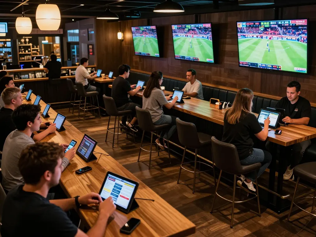 Aplikasi SBOBET ditampilkan di smartphone saat pelanggan terlibat dalam taruhan olahraga di sebuah bar olahraga yang ramai.