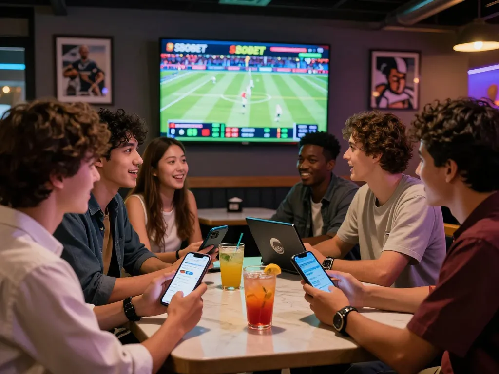 SBOBET app showcased in a lively sports betting atmosphere with friends engaging and celebrating.