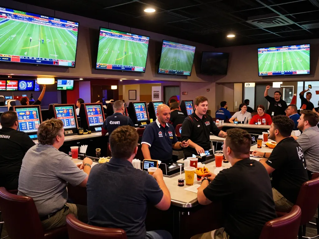 Socolive viewers celebrating during an exciting live football match in a vibrant sports betting lounge.