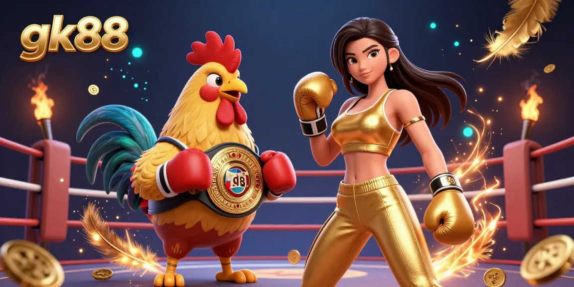 Experience thrilling action at gk88 Casino with a powerful woman and a champion rooster set against a vibrant backdrop of swirling energy.