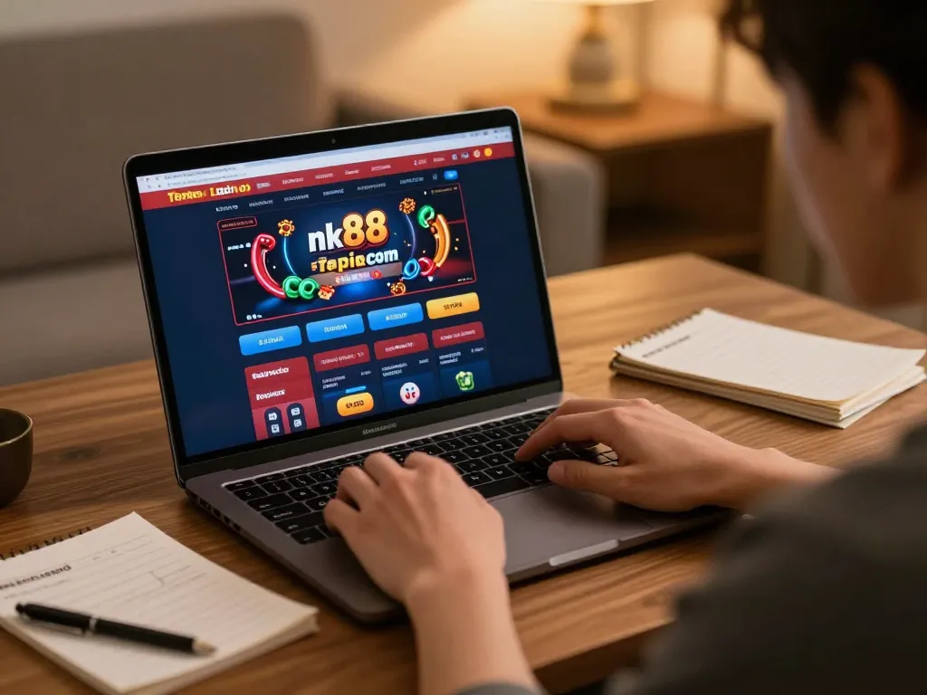 Engaging in online gambling at nk88 com with a cozy home setup and strategic notes.