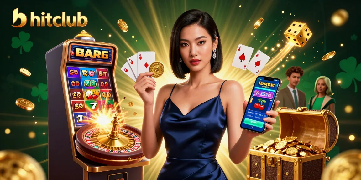 Hitclub showcases an Asian woman engaged in a vibrant casino scene with chips and jackpot explosions.