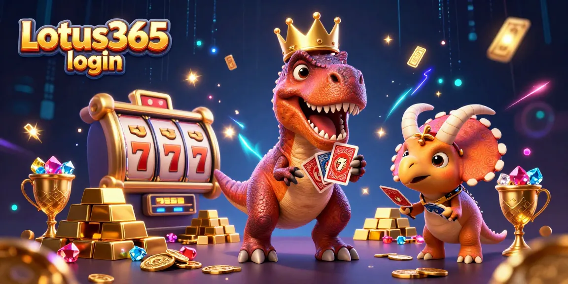 Experience Lotus365 login with a vibrant scene of a T-Rex, stacking golden chips and dynamic casino elements.
