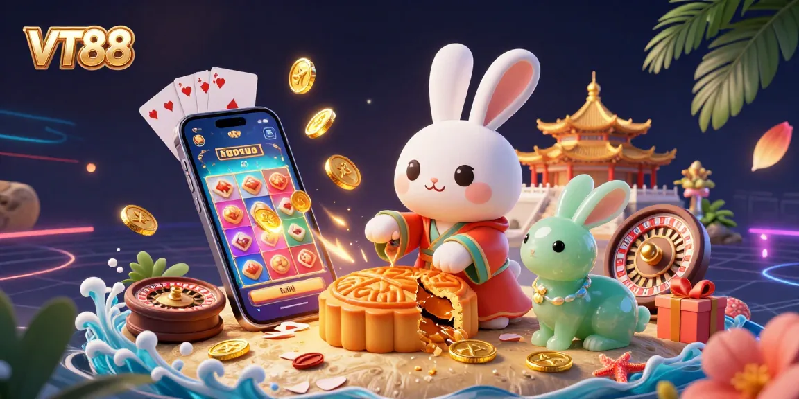 Engage in exciting gambling fun with VT88, featuring animated characters and dynamic casino elements in a vibrant scene.