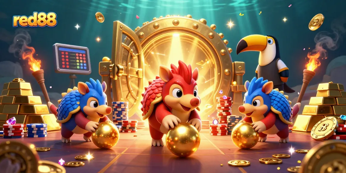 Engage in thrilling games at red88 with cartoon pangolins bowling through golden balls and poker chips.